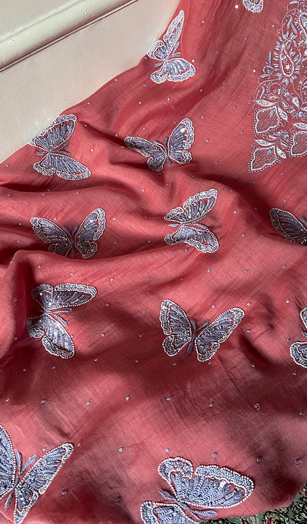 Titlee Women's Lakhnavi Handcrafted Mul Chanderi Unstitched Chikankari Full Suit Material - HONC0312077