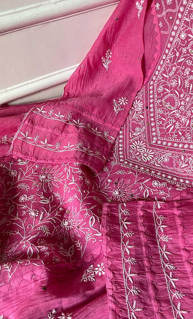 Women's Lakhnavi Handcrafted Mul Chanderi Semi - stitched Kurta And Dupatta Set- HONC0282411