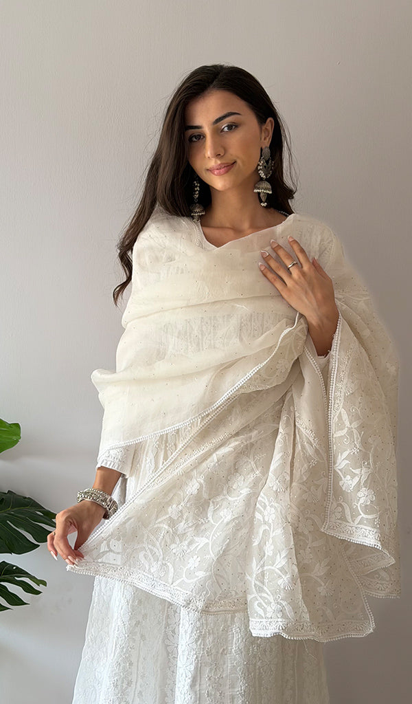 Women's Lucknowi Handcrafted Pure Organza Silk Chikankari Dupatta - HONC0380140