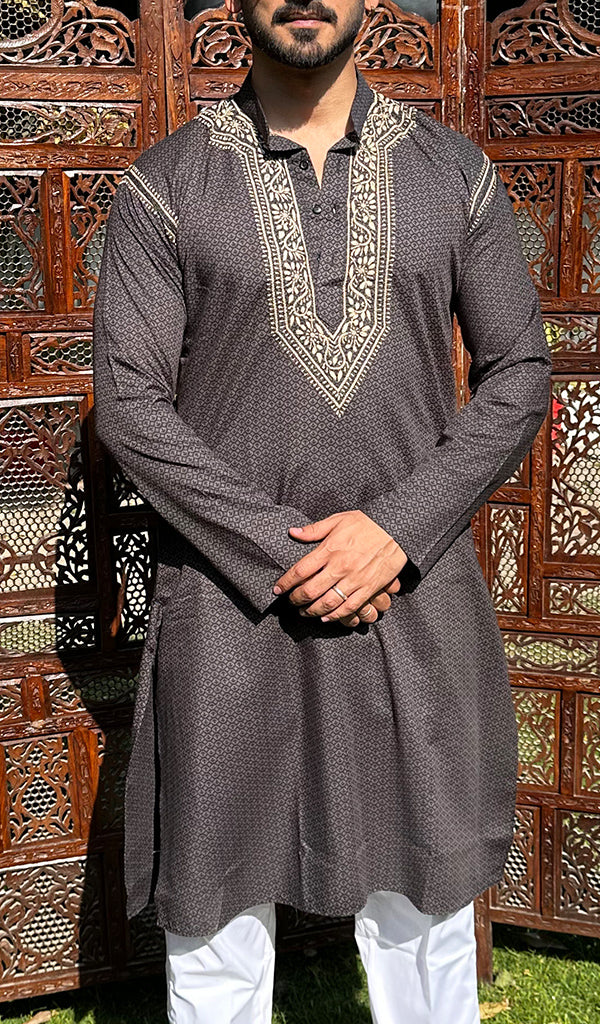 Men's Lucknowi Handcrafted Cotton Chikankari Kurta - HONC0327339