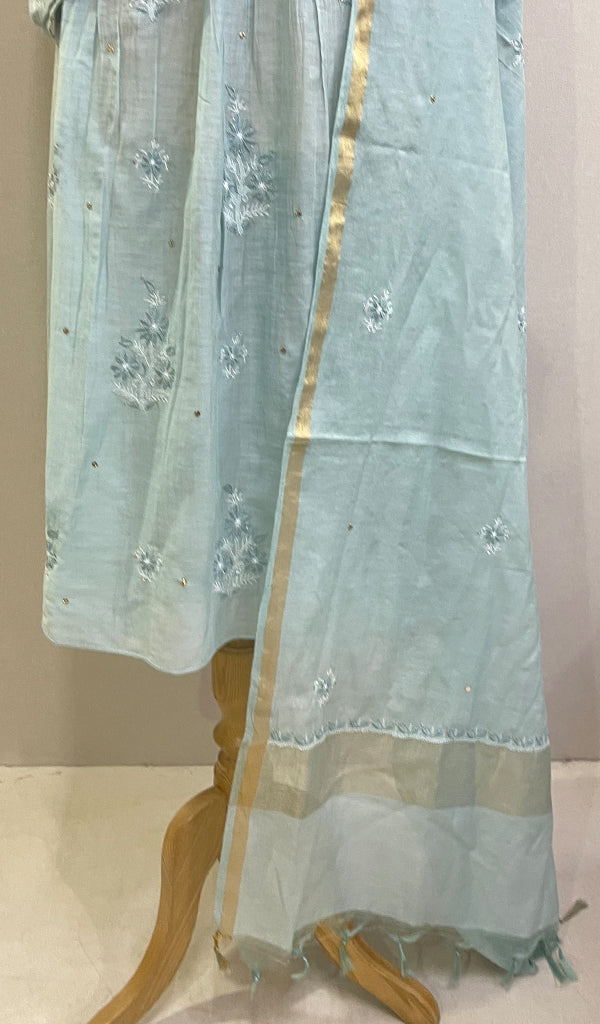 Women's Lakhnavi Handcrafted Mul Chanderi Semi - Stitched Kurta And Dupatta Set- HONC0154858