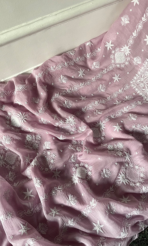 Women's Lakhnavi Handcrafted Unstitched Mul Chanderi Kurta And Dupatta Set - HONC0329033