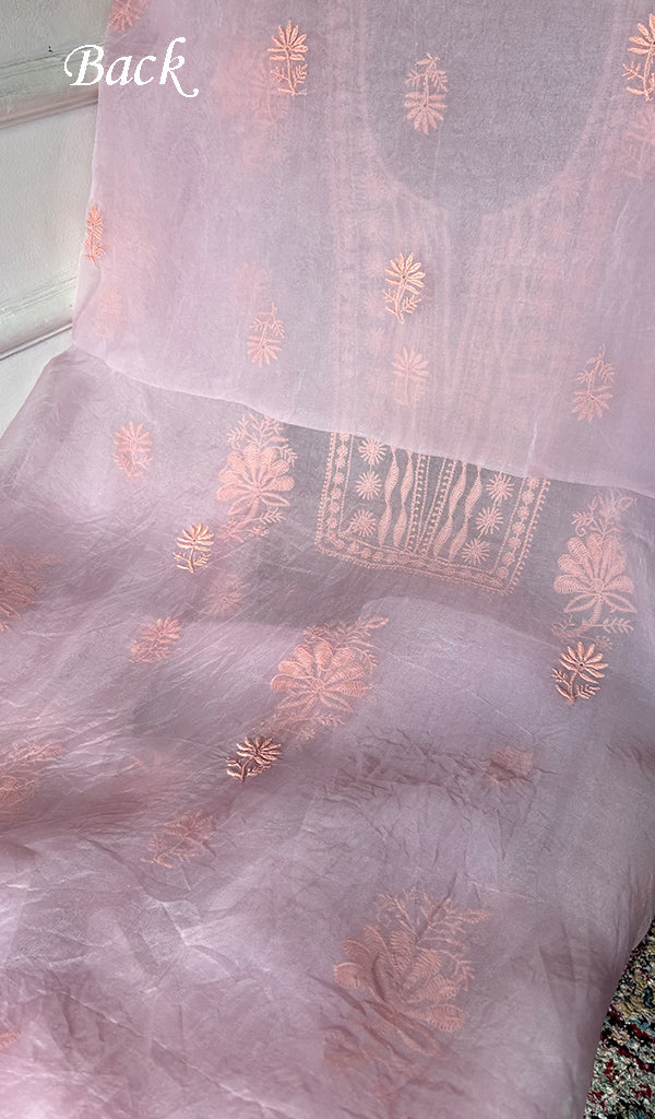 Women's Lakhnavi Handcrafted Pure Organza Silk Chikankari Unstitched Full Suit Material - HONC0365703