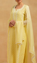 将图像加载到图库查看器中， Saziya Women's Lakhnavi Handcrafted Mul Chanderi Chikankari Stitched Kurta, Dupatta And Pant Set - HONC0798462