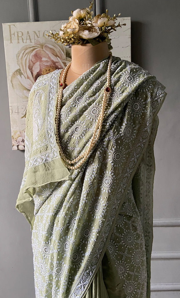 Women's Lakhnavi Handcrafted Pure Silk Georgette Chikankari - HONC0284206