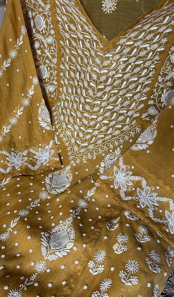 Aarushi Women's Lakhnavi Handcrafted Mul Chanderi Semi - stitched Chikankari Full Suit Material - HONC0349082