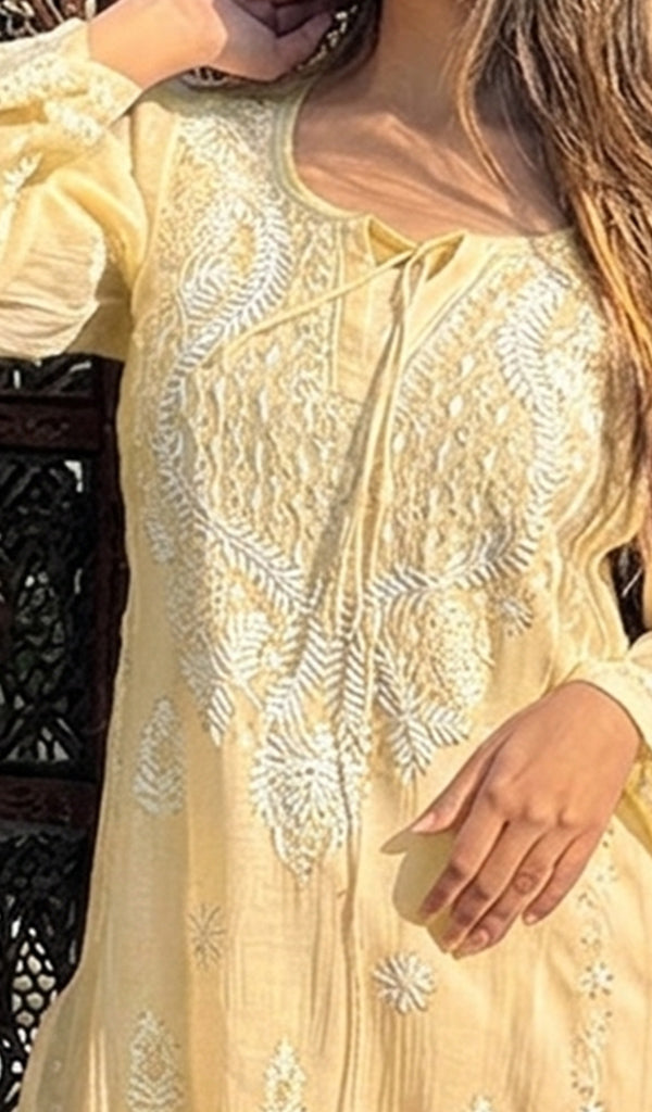 Nafasat Women's Lucknowi Handcrafted Mul Chanderi Chikankari Kurti - HONC0256466
