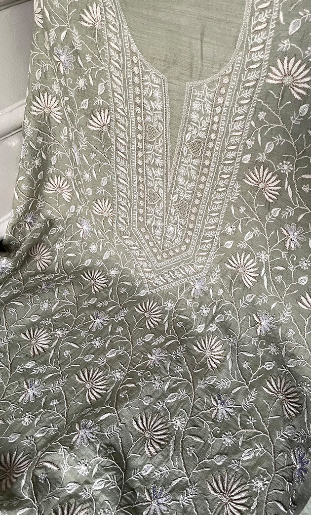 Women's Lakhnavi Handcrafted Munga Silk Chikankari Unstitched Kurti Fabric - HONC0316122