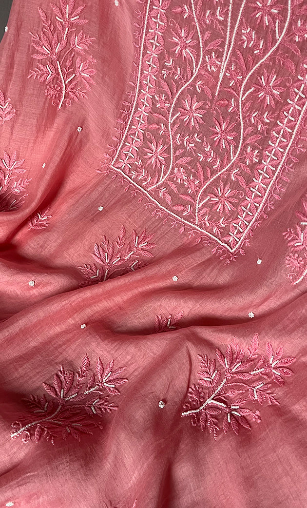 Women's Lakhnavi Handcrafted Mul Chanderi Unstitched Kurta And Dupatta Set - HONC0310808