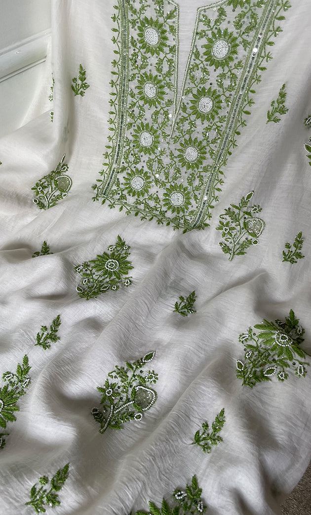 Women's Lakhnavi Handcrafted Unstitched Mul Chanderi Kurta And Dupatta Set - HONC0278135