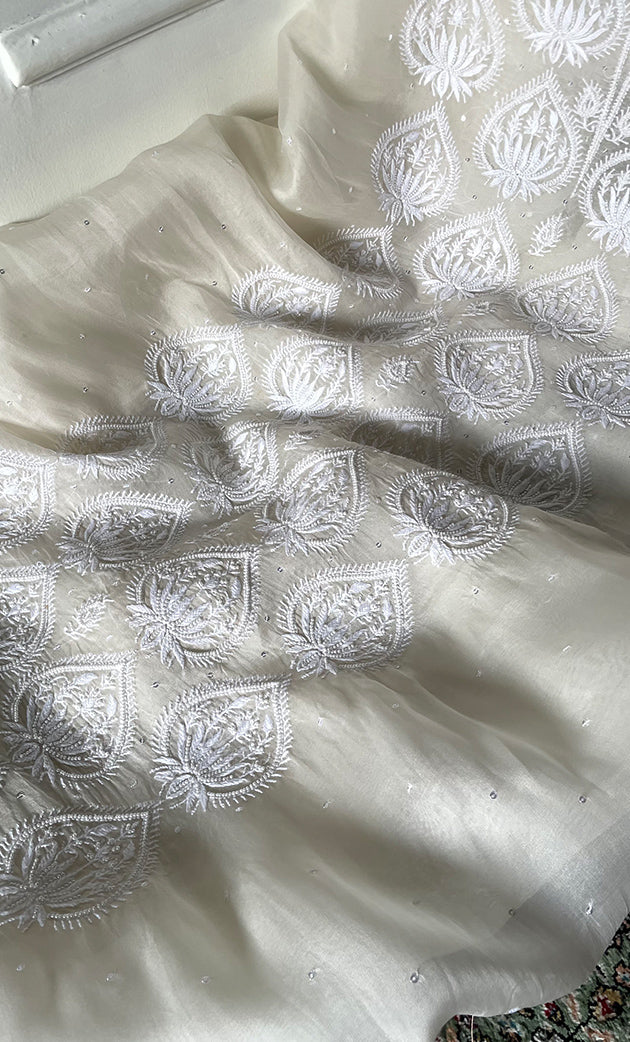 Women's Lakhnavi Handcrafted Pure Organza Chikankari Unstitched Kurta And Dupatta Set- HONC0328885