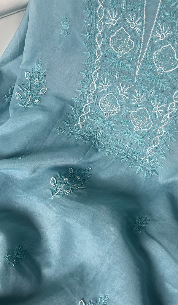 Women's Lakhnavi Handcrafted Mul Chanderi Chikankari Full Suit Material - HONC0271179