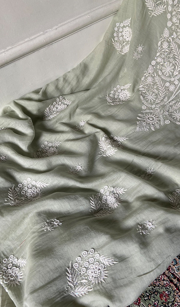 Women's Lakhnavi Handcrafted Mul Chanderi Unstitched Chikankari Full Suit Material - HONC0338251