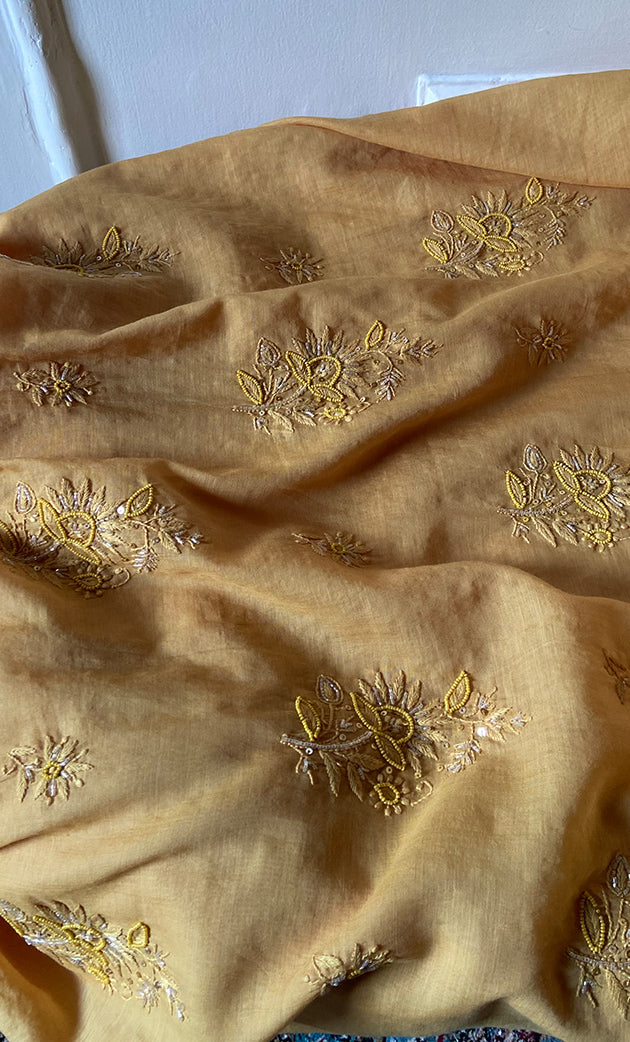 Women's Lakhnavi Handcrafted Mul Chanderi Unstitched Chikankari Full Suit Material - HONC0328113