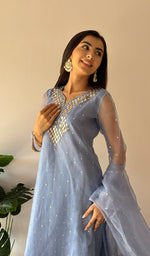 Load image into Gallery viewer, Alfia Women's Lucknowi Handcrafted Pure Organza Silk Stitched Chikankari Kurta, Dupatta With Pant Set- HONC0366950