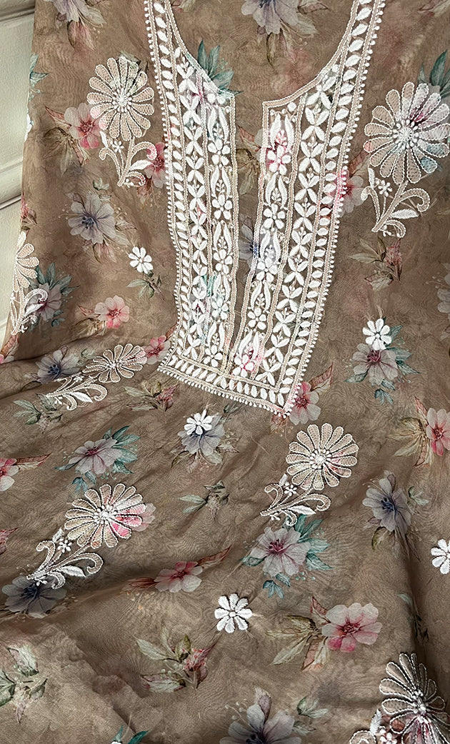 Disha Women's Lakhnavi Handcrafted Organza Chikankari Unstitched Kurti Fabric -  HONC0332146