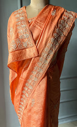 Load image into Gallery viewer, Women&#39;s Lakhnavi Handcrafted Tussar Silk Chikankari Saree - HONC0302377
