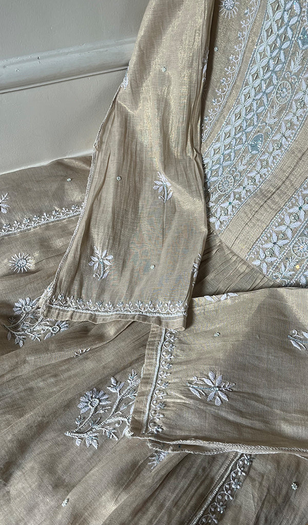 Women's Lakhnavi Handcrafted Tissue Chanderi Semi - Stitched Kurta And Dupatta Set - HONC0297192
