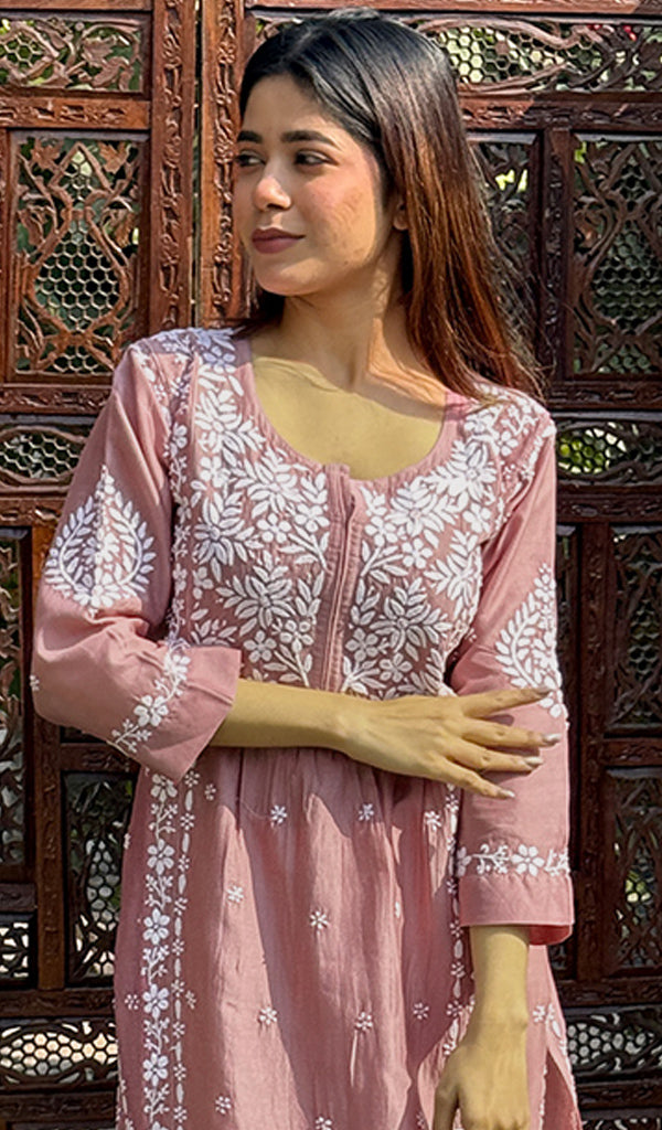 Women's Lucknowi Handcrafted Mul Chanderi Chikankari Kurti - HONC0256291