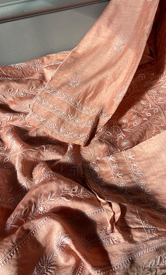 Women's Lakhnavi Handcrafted Munga Silk Semi - Stitched Chikankari Kurta And Dupatta Set- HONC0266160
