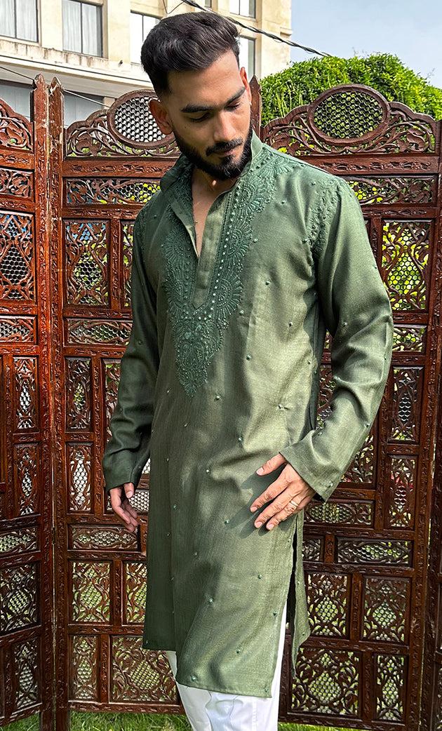 Men's Lucknowi Handcrafted Cotton Chikankari Kurta - HONC0324706