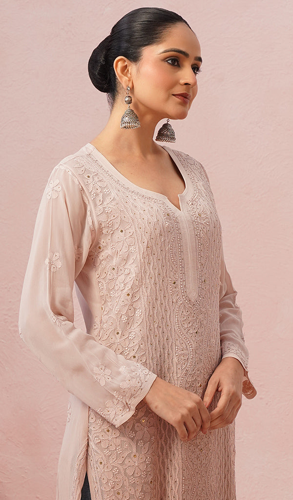 Yusra Women's Lakhnavi Handcrafted Viscose Georgette Chikankari Kurti - HONC0566444