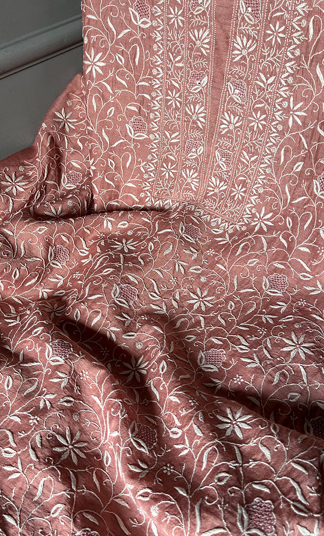 Women's Lakhnavi Handcrafted Munga Silk Chikankari Kurta And Dupatta Set- HONC0264873