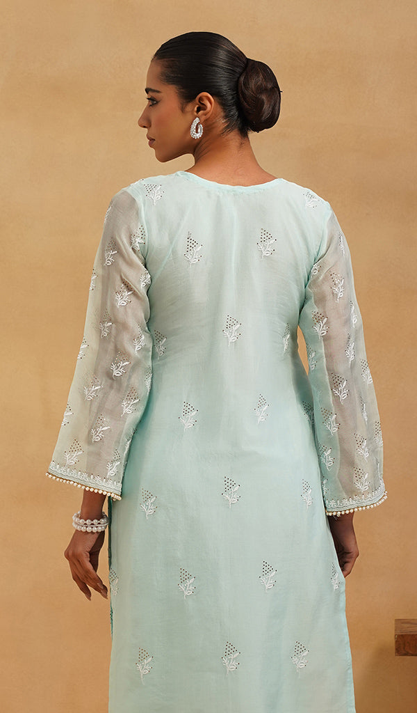 Women's Lucknowi Handcrafted Pure Organza Silk Stitched Chikankari Kurta, Dupatta With Pant Set- HONC0543190