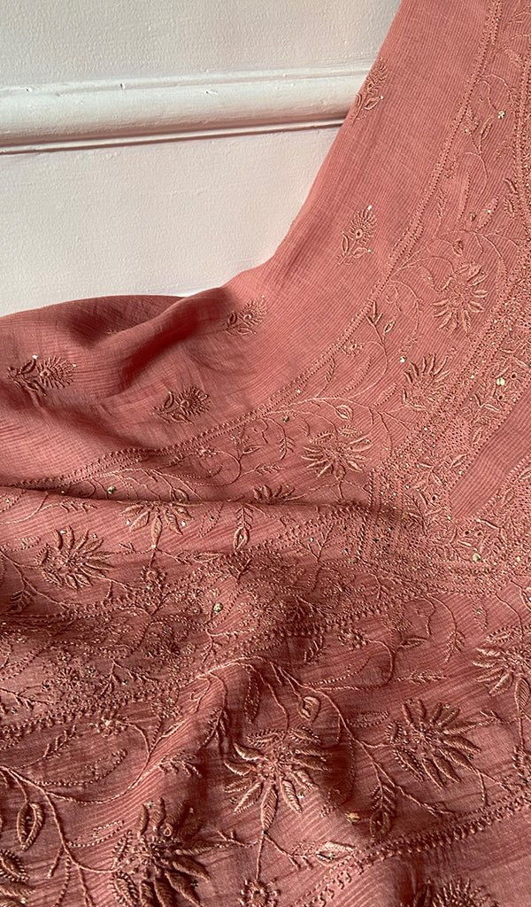 Women's Lakhnavi Handcrafted Maheswari Mul Chanderi Unstitched Chikankari Full Suit Material - HONC0278101