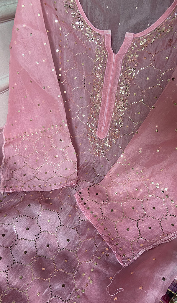 Women's Lucknowi Handcrafted Pure Organza Silk Chikankari Semi- stitched Kurta Dupatta Set- HONC0334805