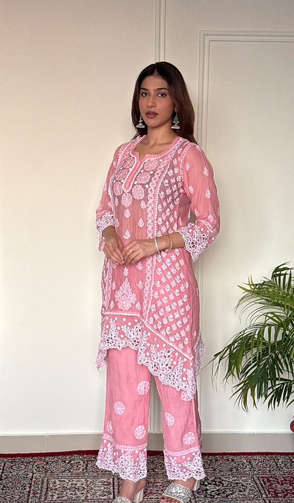 Women's Lucknowi Handcrafted Mul Chanderi Stitched Chikankari Short Kurta And Plazzo Set .
