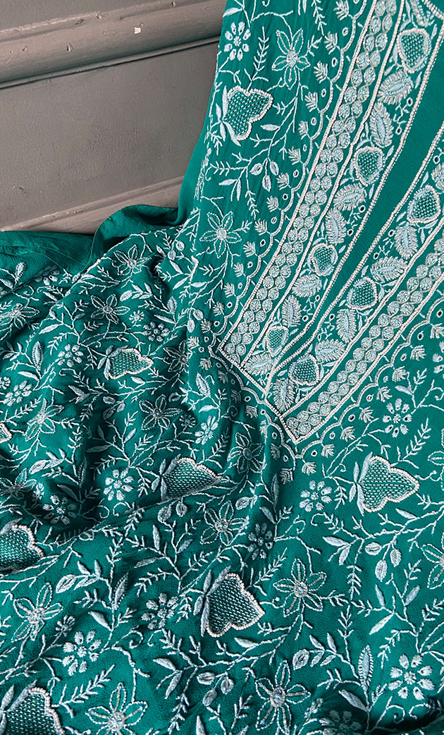 Women's Lakhnavi Handcrafted Pure Silk Georgette Chikankari Kurta And Dupatta Set- HONC0258089