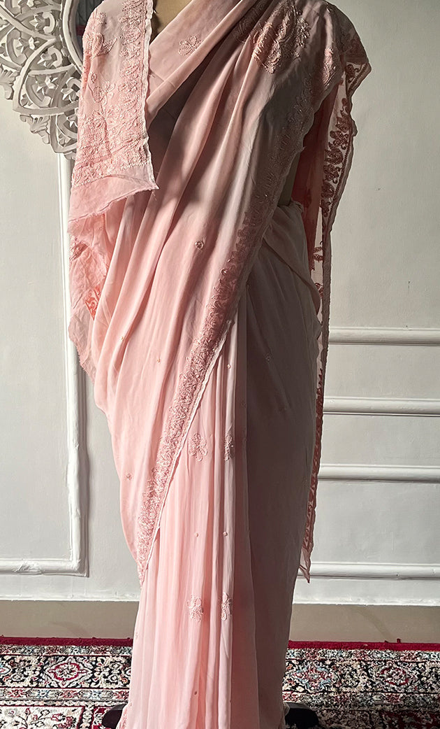 Women's Lakhnavi Handcrafted Viscose Georgette Chikankari Saree - HONC0329021