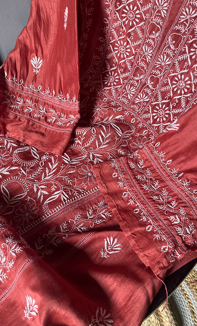 Women's Lakhnavi Handcrafted Chanderi Silk Semi - Stitched Kurta And Dupatta Set - HONC0308700