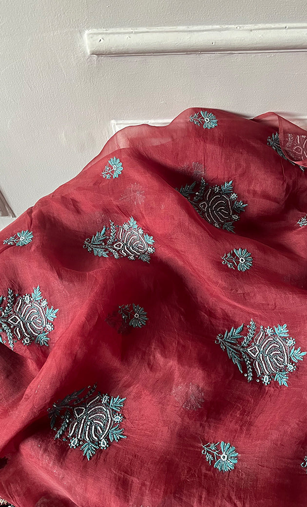 Gulaab Women's Lakhnavi Handcrafted Pure Organza Chikankari Unstitched Kurta And Dupatta Set- HONC0288593