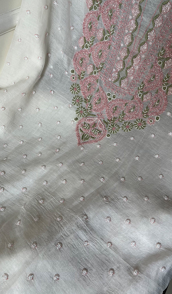 Women's Lakhnavi Handcrafted Mul Chanderi Unstitched Kurta And Dupatta Set - HONC0279818