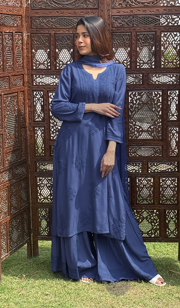 Women's Lakhnavi Handcrafted Modal Cotton Chikankari Kurta Dupatta And Palazzo Set - HONC0233466