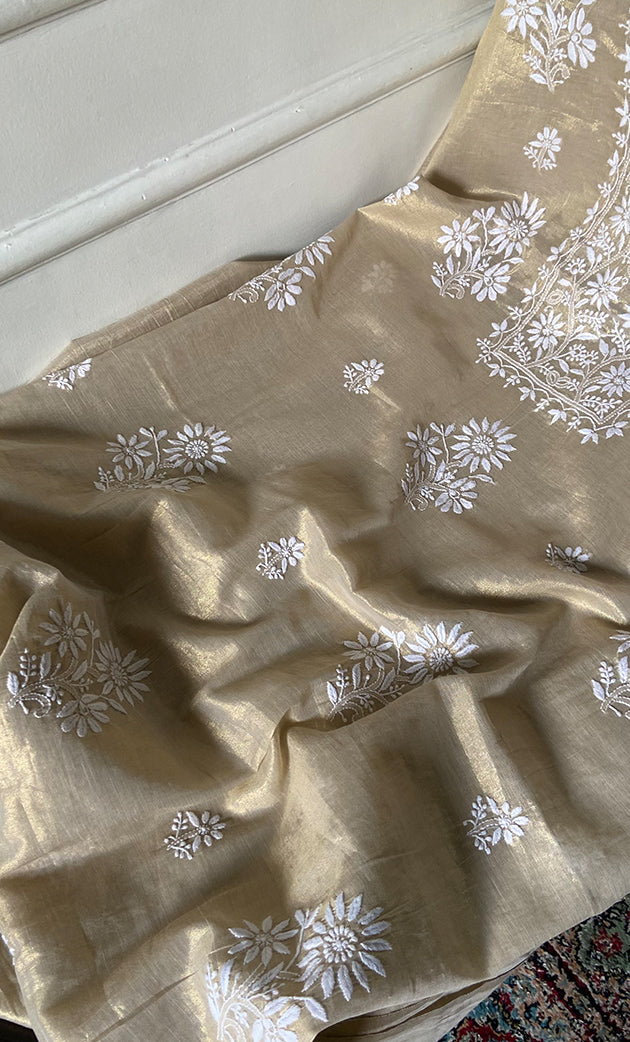 Women's Lakhnavi Handcrafted Tissue Chanderi Unstitched Chikankari Kurta And Dupatta Set - HONC032400