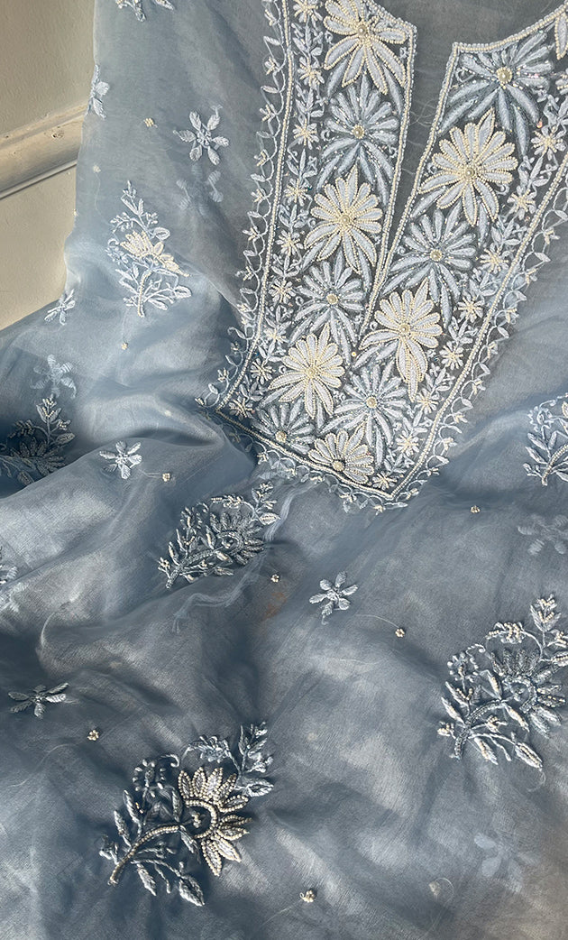 Women's Lakhnavi Handcrafted Organza Chikankari Unstitched Full Suit Material - HONC0270897