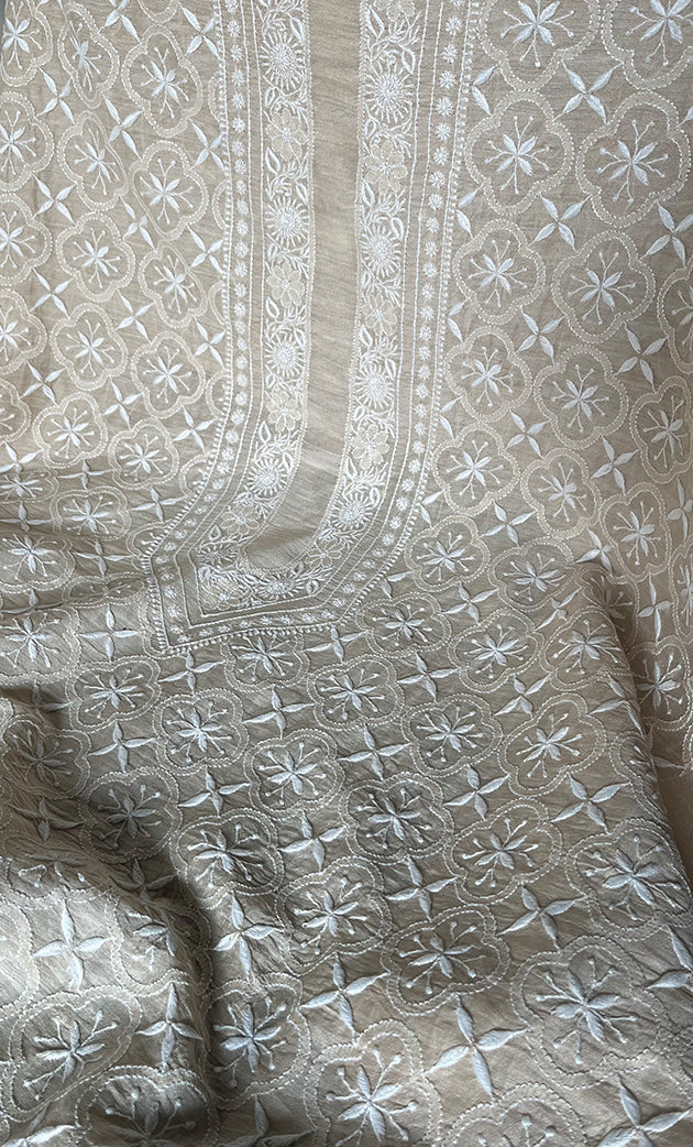 Lucknowi Handcrafted Munga Silk Chikankari Unstitched Men's Kurta Fabric - HONC0337757