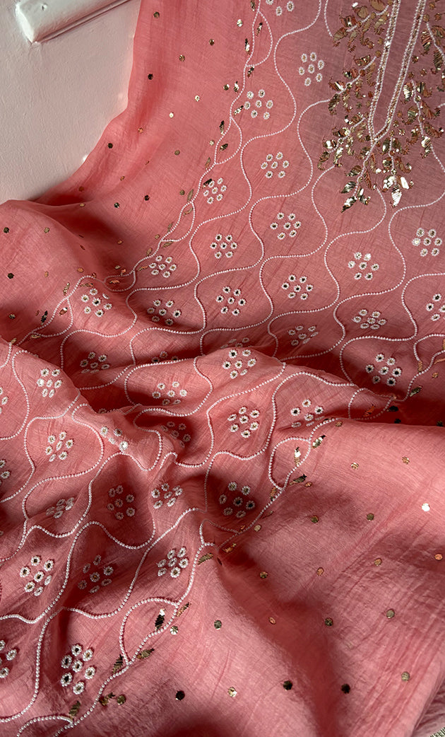 Women's Lakhnavi Handcrafted Mul Chanderi Unstitched Chikankari Full Suit Material - HONC0320706