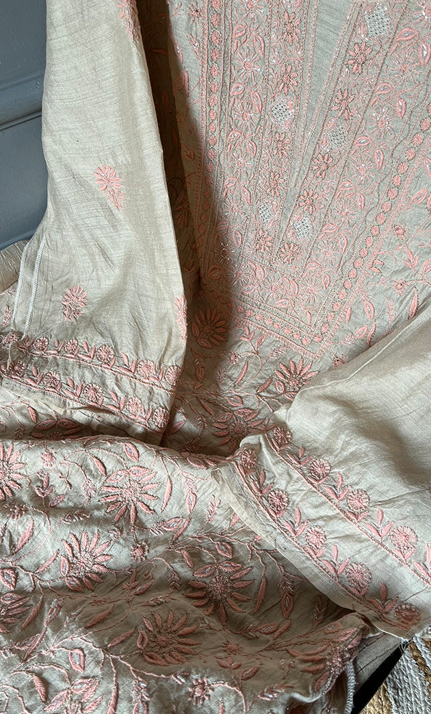 Women's Lakhnavi Handcrafted Munga Silk Semi - Stitched Chikankari Kurta And Dupatta Set- HONC0276216