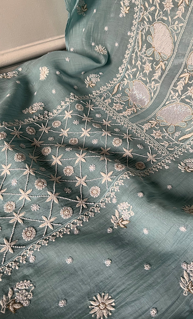 Women's Lakhnavi Handcrafted Mul Chanderi Semi - Stitched Kurta And Dupatta Set - HONC0330158