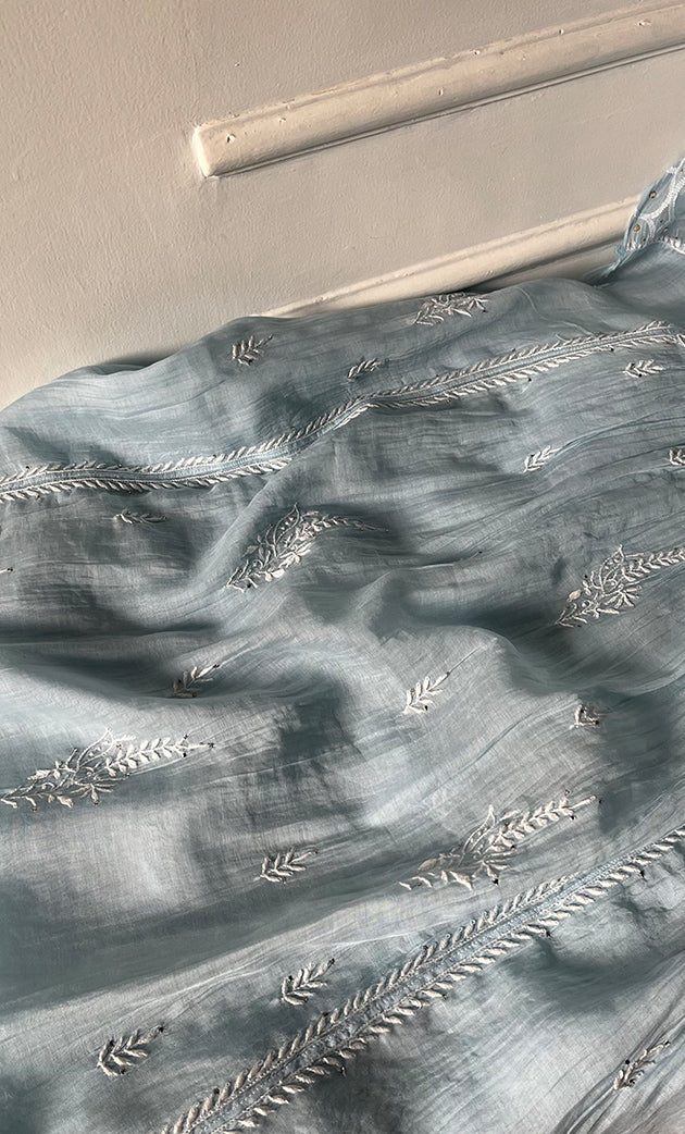 Women's Lakhnavi Handcrafted Mul Chanderi Semi - stitched Chikankari Full Suit Material - HONC0333495