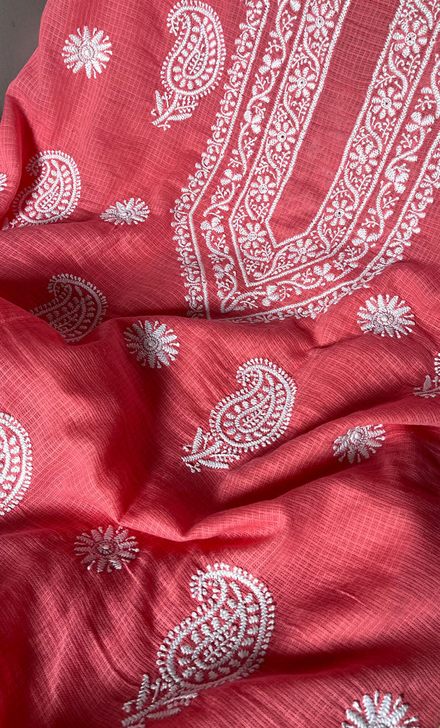 Women's Lucknowi Handcrafted Kota Cotton Chikankari Unstitched Kurta And Dupatta Set - HONC0312648