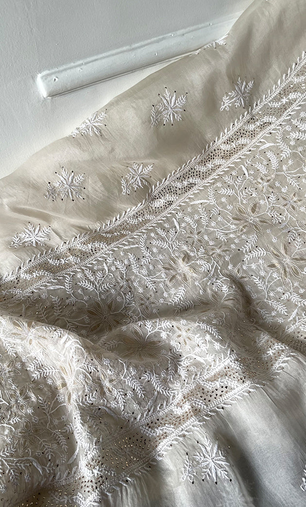 Women's Lakhnavi Handcrafted Pure Organza Chikankari Unstitched Kurta And Dupatta Set- HONC0320492