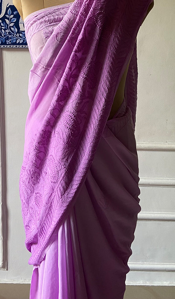 Women's Lakhnavi Handcrafted Viscose Georgette Chikankari Saree - HONC090396