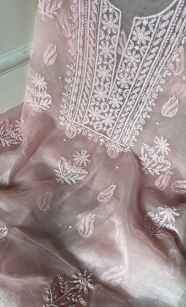 Women's Lakhnavi Handcrafted Organza Chikankari Unstitched Full Suit Material - HONC0271220