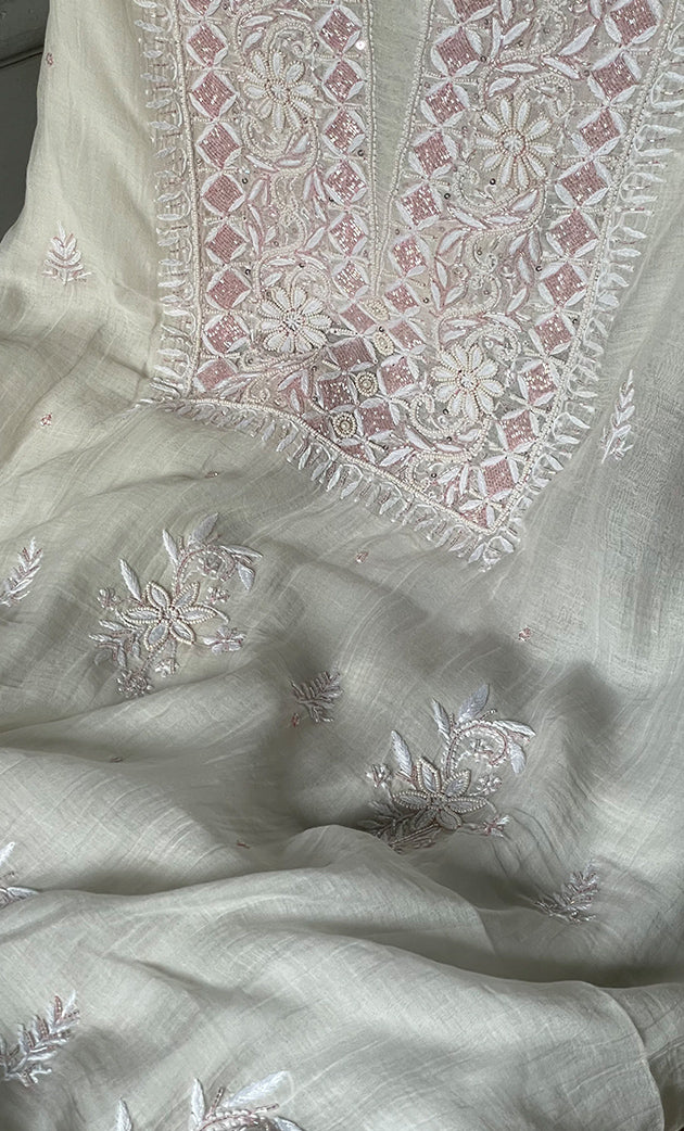 Women's Lakhnavi Handcrafted Mul Chanderi Unstitched Kurta And Dupatta Set- HONC0313320