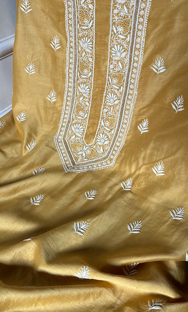 Lucknowi Handcrafted Chanderi Silk Chikankari Unstitched Unisex Kurta Fabric - HONC0275121